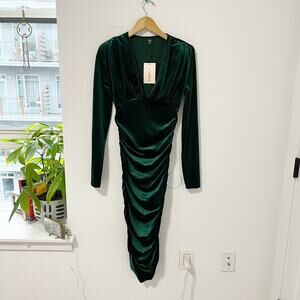 NEW Shein Green Crushed Velvet Ruched Bodycon Midi Dress Size Small